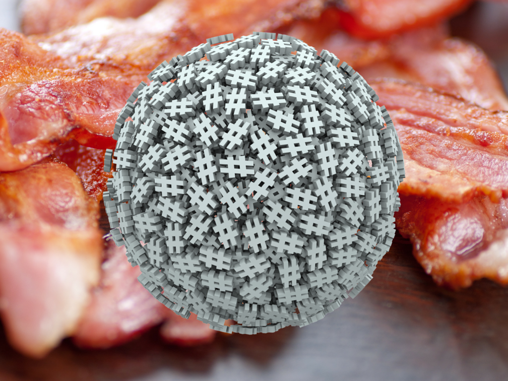 Hashtag sphere over a background of bacon